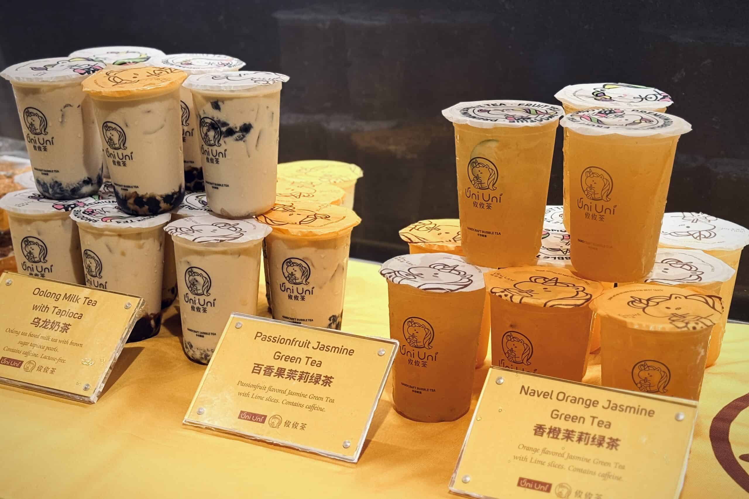 Variety of colorful bubble tea drinks