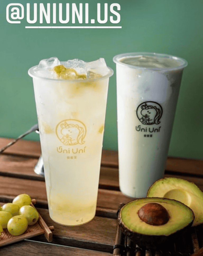 Two boba drinks from Uni Uni Chinatown Chicago with fresh fruit and avocado.