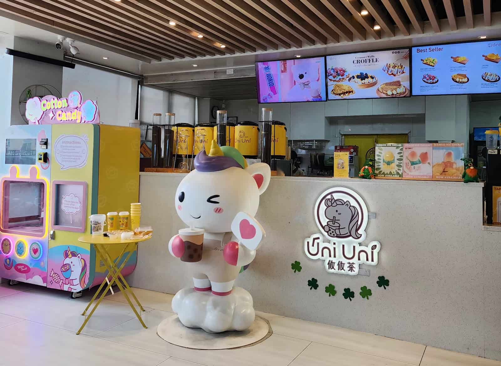 Cute unicorn mascot at Uni Uni Boba in Chinatown Chicago.