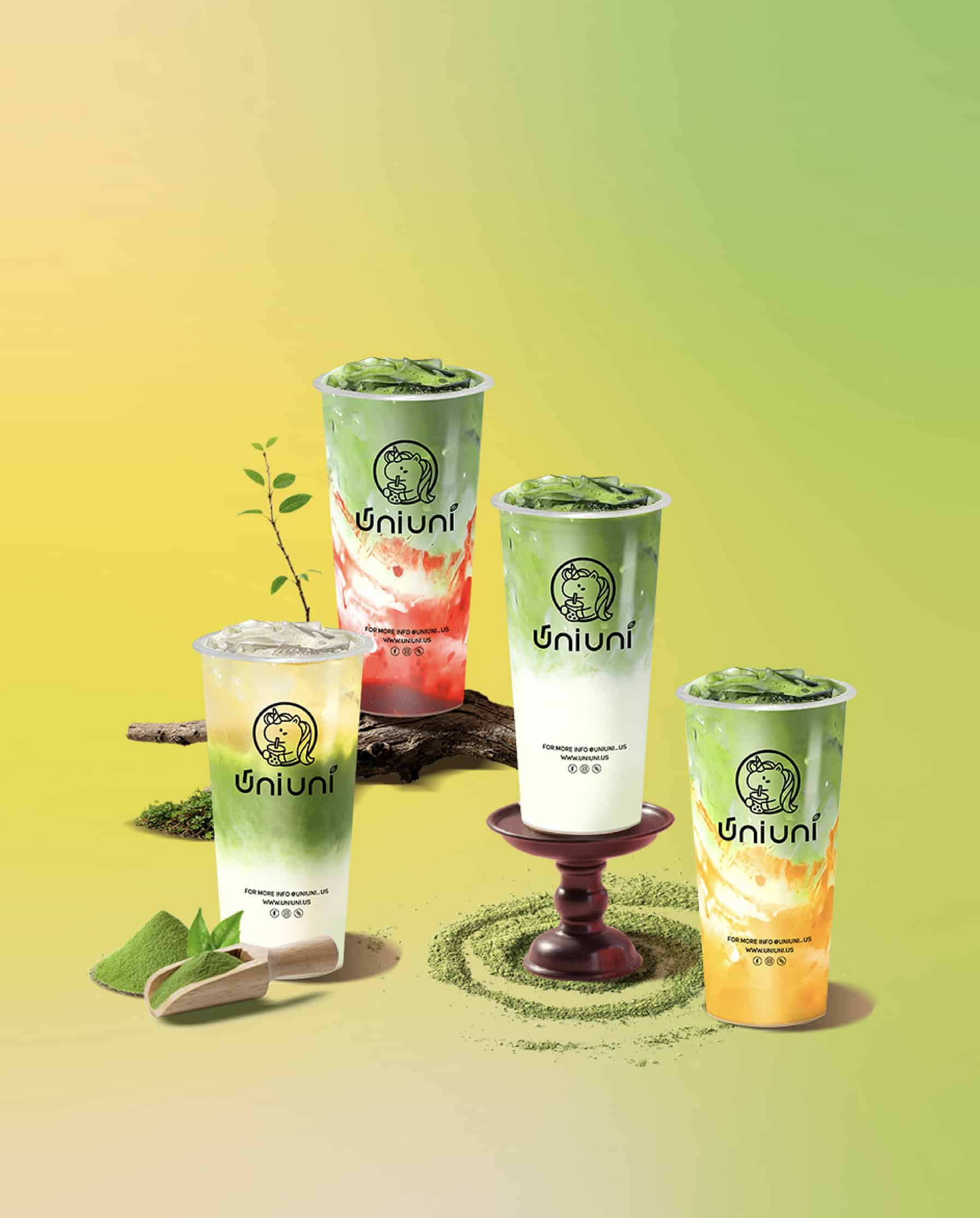 Four UniUni branded bubble tea drinks with various green tea and fruit flavors are arranged with tea leaves, matcha powder, and citrus slices on a yellow-green gradient background. Handcraft Boba Tea. Four Uni Uni branded bubble tea drinks with various green tea and fruit flavors are arranged with tea leaves, matcha powder, and citrus slices on a yellow-green gradient background.